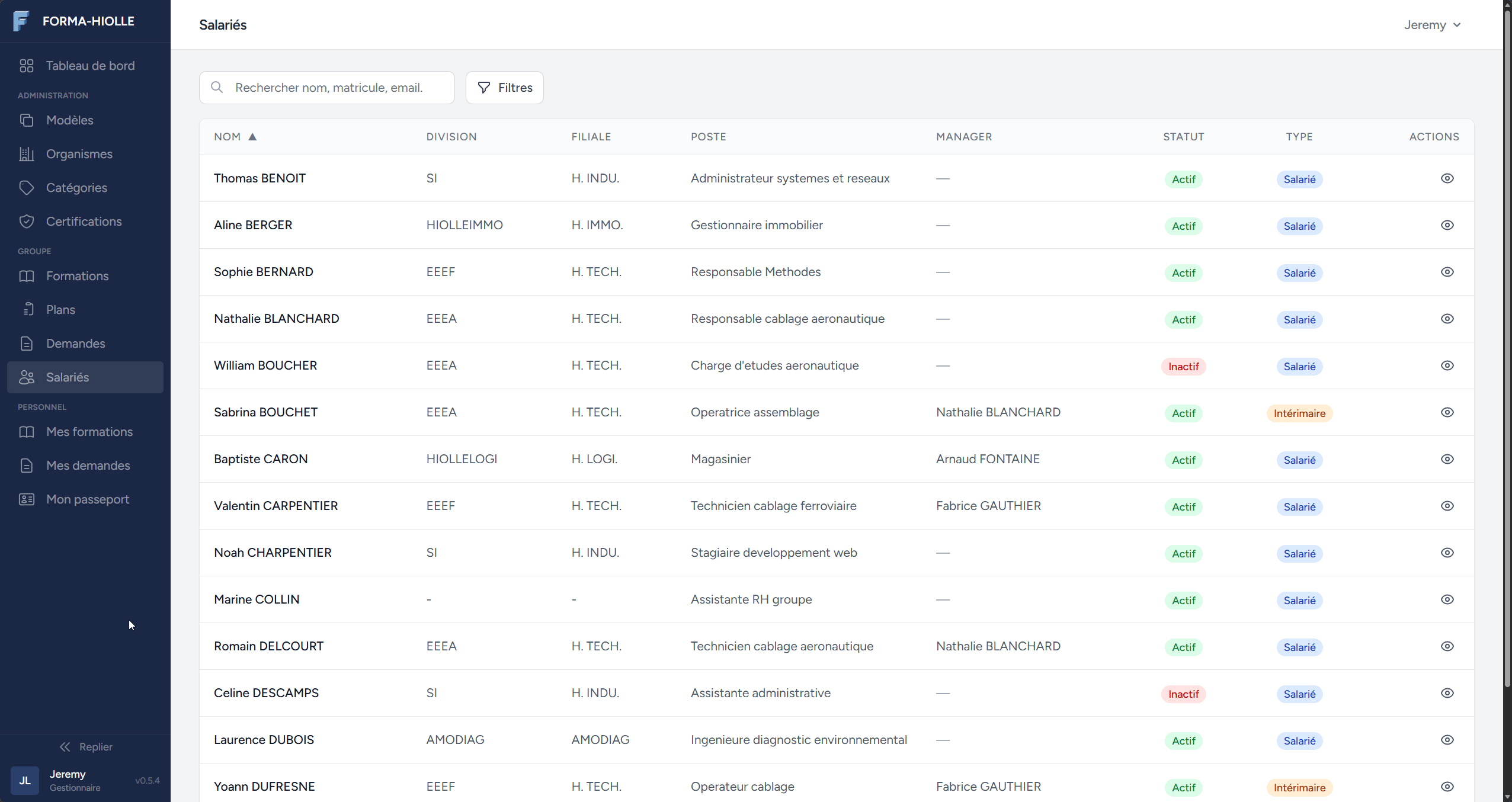Page salariés vue gestionnaire Jérémy LOUVEAU, liste complète du dataset, scroll et clic sur un salarié