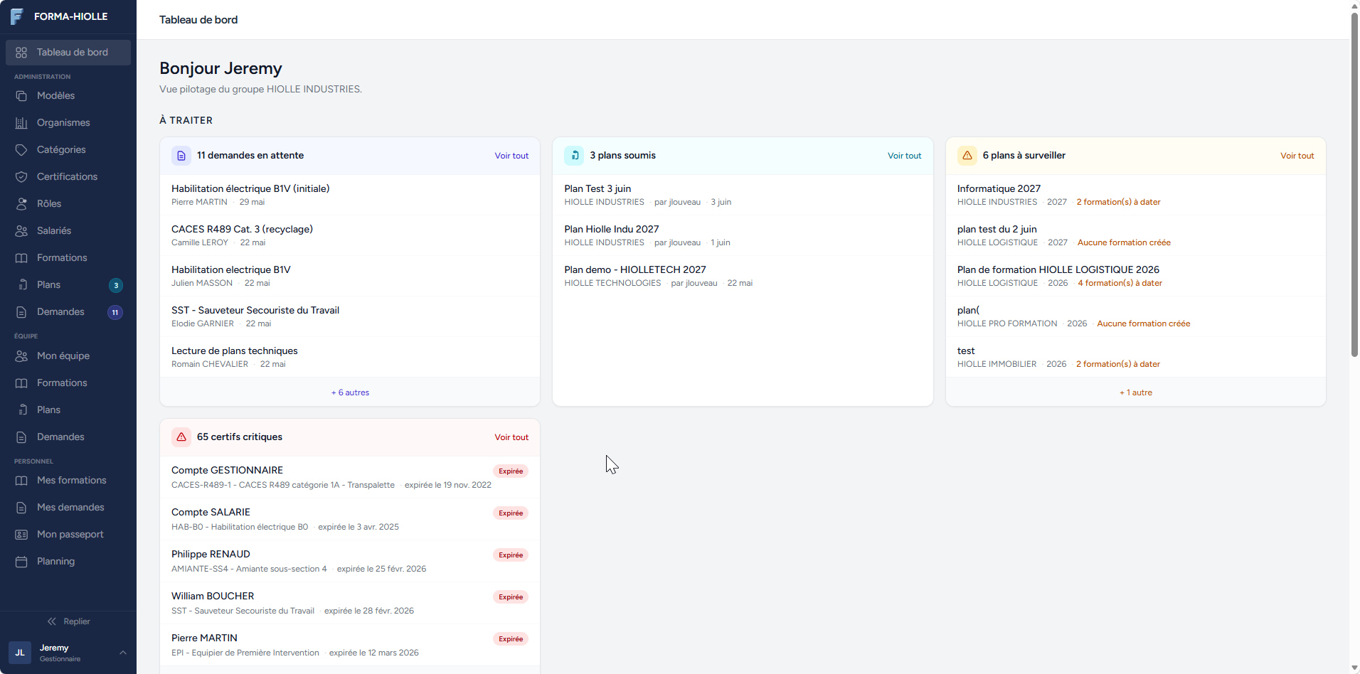 Tableau de bord du gestionnaire : actions attendues et certifications critiques